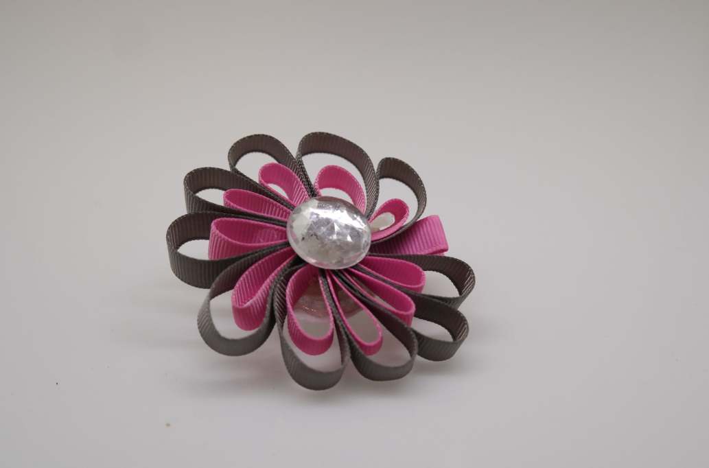 Small petal flower hair Bow with colors  Grey, Gerianium PInk